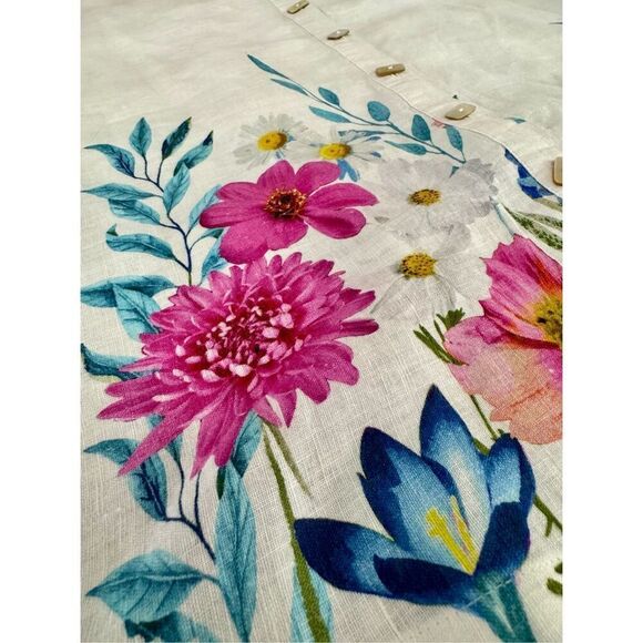 John Mark 100%‎ Linen Floral Border Wire Collar Button Front Size Large - Picture 10 of 12